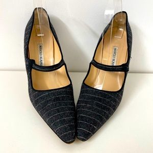 SALE! Rare Manolo Blahnik Gray Pinstripe Tweed Mary Janes
